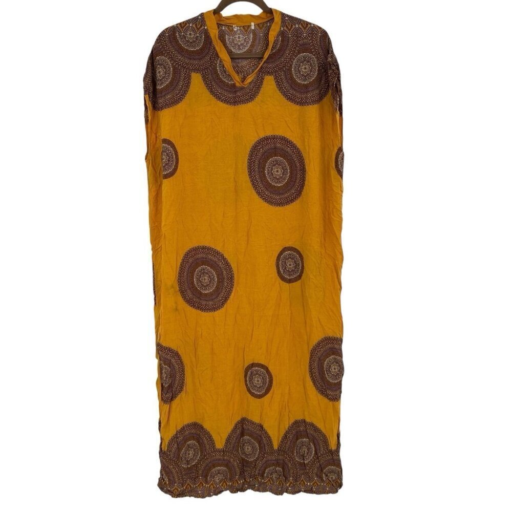 Kaftan Women's Size S/M Gold Yellow Mandala Print Bohemian Resort Rayon